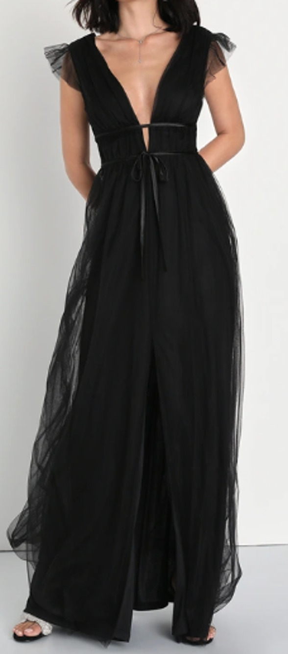 LULU'S XS Black I'm All Yours Short Sleeve V-Neck Tulle Ruffled Dress NEW 0B14